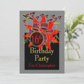 16e verjaardag Musical Drums Custom Invitation Kaart (Staand voorkant)