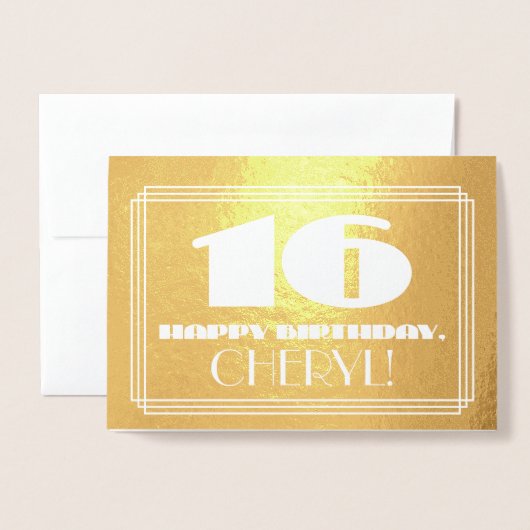 16e verjaardag: naam + Art Deco geïnspireerd look  Folie Kaarten (Voorkant met envelop)
