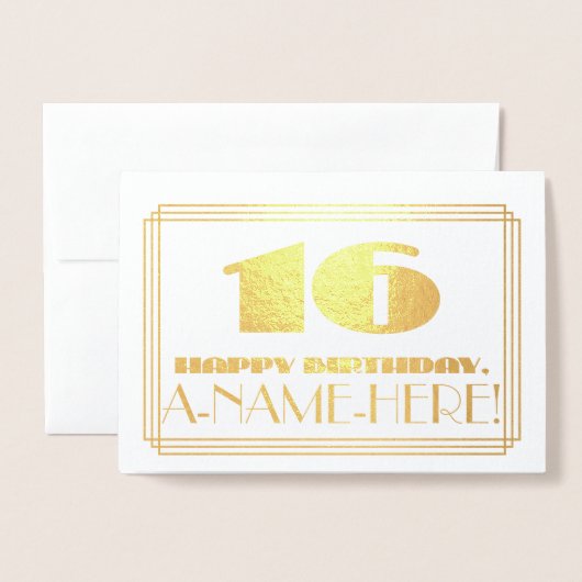16e verjaardag; naam + Art Deco geïnspireerd look  Folie Kaarten (Voorkant met envelop)