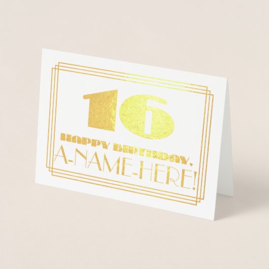 16e verjaardag; naam + Art Deco geïnspireerd look  Folie Kaarten (Voorkant)