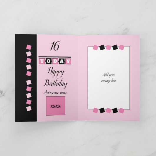 16e verjaardag naam datum roze witte foto kaart (Binnen)