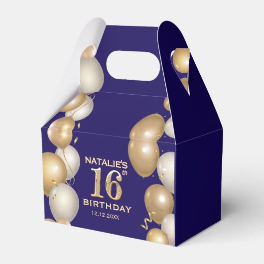 16e verjaardag Navy Blue en Gold Balloons Bedankdoosjes (Achterkant)