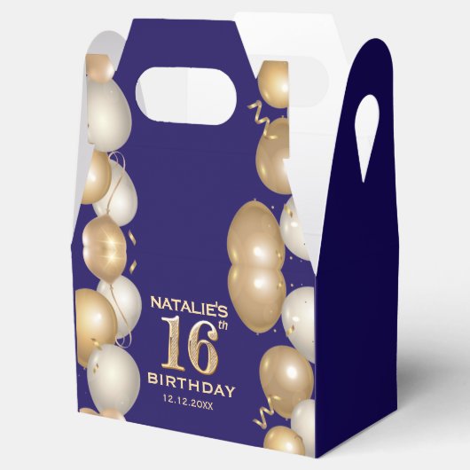 16e verjaardag Navy Blue en Gold Balloons Bedankdoosjes (Geopend)
