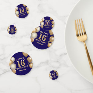 16e verjaardag Navy Blue en Gold Balloons Confetti