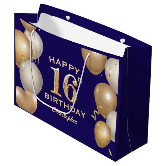 16e verjaardag Navy Blue en Gold Balloons Groot Cadeauzakje (Voorkant Gekanteld)