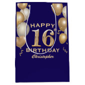 16e verjaardag Navy Blue en Gold Balloons Medium Cadeauzakje (Voorkant)