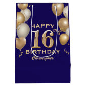 16e verjaardag Navy Blue en Gold Balloons Medium Cadeauzakje (Achterkant)