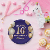 16e verjaardag Navy Blue en Gold Balloons Papieren Bordje (Feest)
