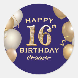 16e verjaardag Navy Blue en Gold Balloons Ronde Sticker