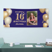 16e verjaardag Navy Blue en Gold Balloons Spandoek (Beurs)