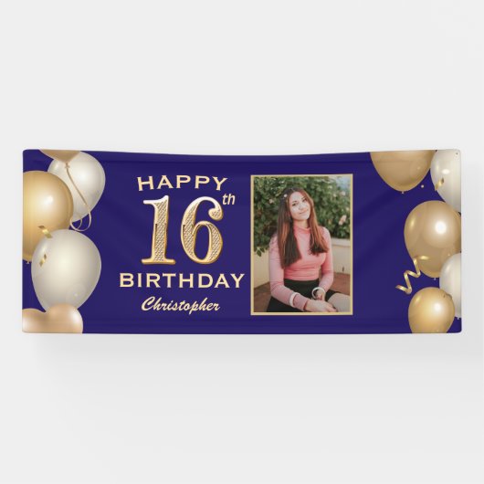 16e verjaardag Navy Blue en Gold Balloons Spandoek (Horizontaal)