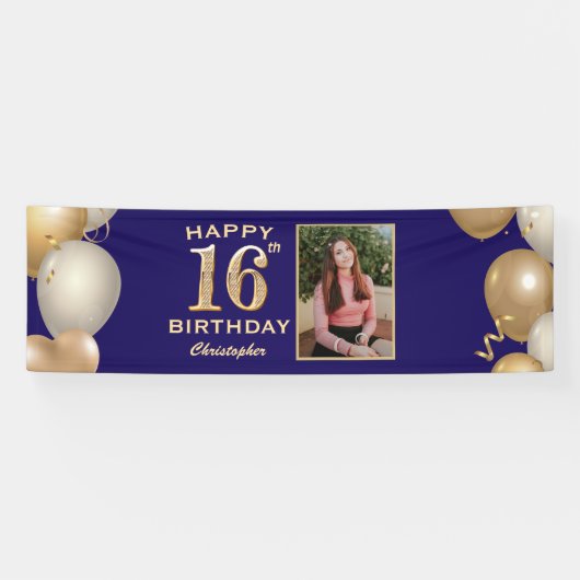 16e verjaardag Navy Blue en Gold Balloons Spandoek (Horizontaal)