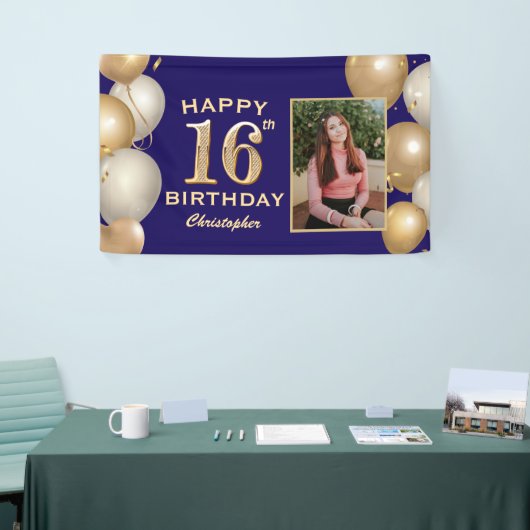 16e verjaardag Navy Blue en Gold Balloons Spandoek (Beurs)