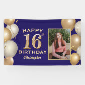 16e verjaardag Navy Blue en Gold Balloons Spandoek (Horizontaal)
