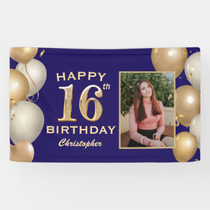 16e verjaardag Navy Blue en Gold Balloons Spandoek