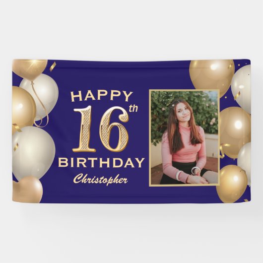 16e verjaardag Navy Blue en Gold Balloons Spandoek (Horizontaal)