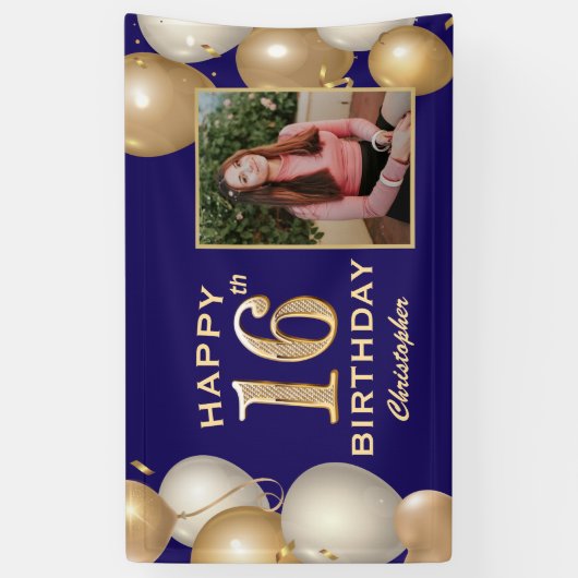 16e verjaardag Navy Blue en Gold Balloons Spandoek (Verticaal)