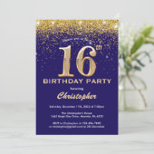 16e verjaardag Navy Blue en Gold Glitter Confetti Kaart (Staand voorkant)
