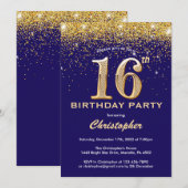 16e verjaardag Navy Blue en Gold Glitter Confetti Kaart (Voorkant / Achterkant)