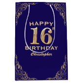 16e verjaardag Navy Blue en Gold Glitter Medium Cadeauzakje (Voorkant)