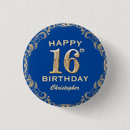 16e verjaardag Navy Blue en Gold Glitter Ronde Button 3,2 Cm (Voorkant)