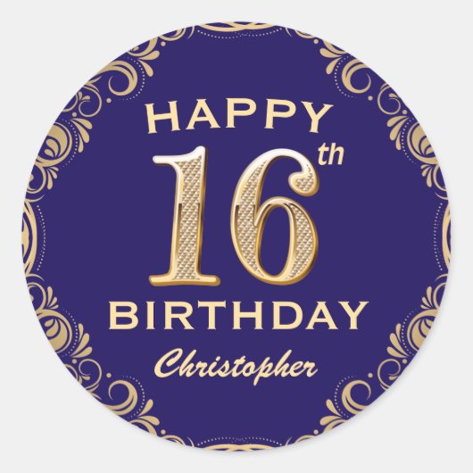 16e verjaardag Navy Blue en Gold Glitter Ronde Sticker (Voorkant)