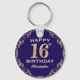 16e verjaardag Navy Blue en Gold Glitter Sleutelhanger