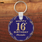 16e verjaardag Navy Blue en Gold Glitter Sleutelhanger (Voorkant)