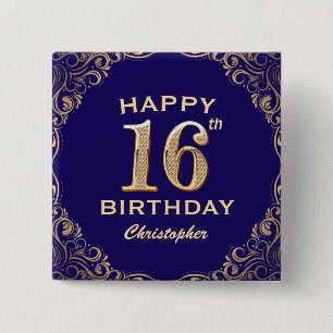 16e verjaardag Navy Blue en Gold Glitter Vierkante Button 5,1 Cm