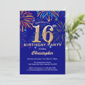 16e verjaardag Navy Blue en Gold Rainbow Fireworks Kaart (Staand voorkant)