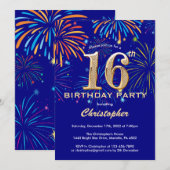 16e verjaardag Navy Blue en Gold Rainbow Fireworks Kaart (Voorkant / Achterkant)