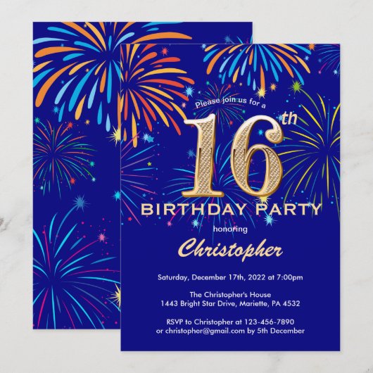 16e verjaardag Navy Blue en Gold Rainbow Fireworks Kaart (Voorkant / Achterkant)