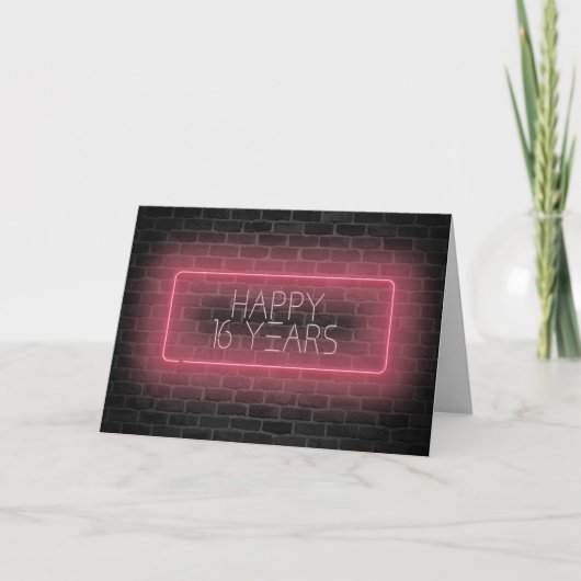 16e verjaardag neon bord op baksteen kaart (Voorkant)