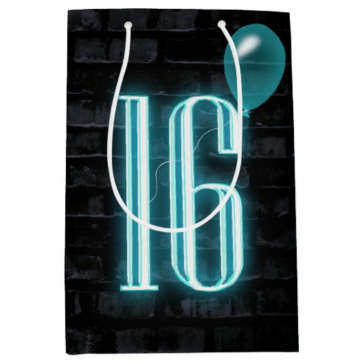 16e verjaardag Neon bord op baksteen Medium Cadeauzakje (Voorkant)