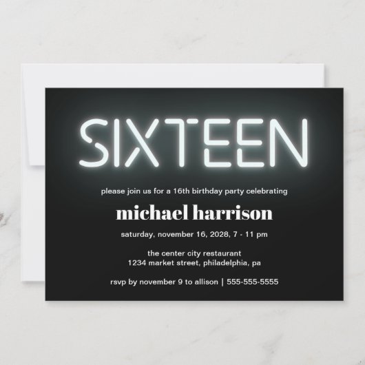 16e verjaardag Neon Lights Kaart (Voorkant)