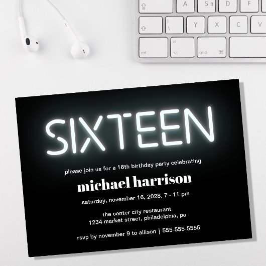 16e verjaardag Neon Lights Kaart