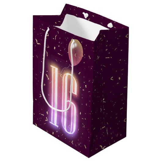 16e verjaardag Neon Sign en Confetti Medium Cadeauzakje (Voorkant Gekanteld)