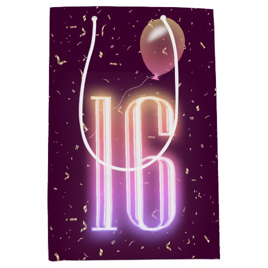 16e verjaardag Neon Sign en Confetti Medium Cadeauzakje (Voorkant)