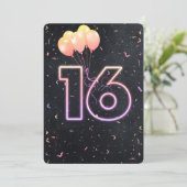 16e verjaardag Neon Sign On Black Invitation Kaart (Staand voorkant)