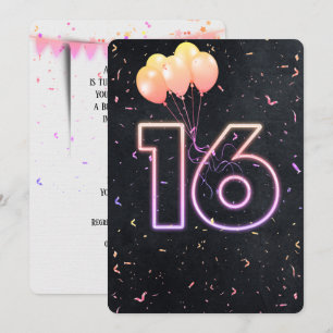 16e verjaardag Neon Sign On Black Invitation Kaart