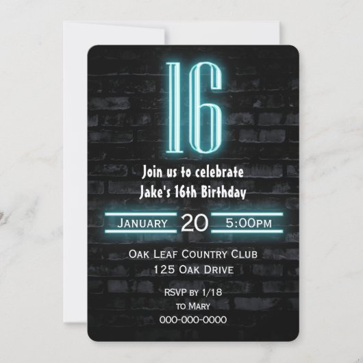 16e verjaardag Neon Sign op Brick Kaart (Voorkant)