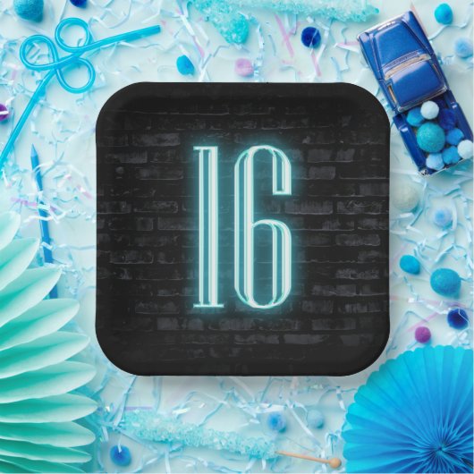 16e verjaardag Neon Sign op Brick Papieren Bordje (Feest)