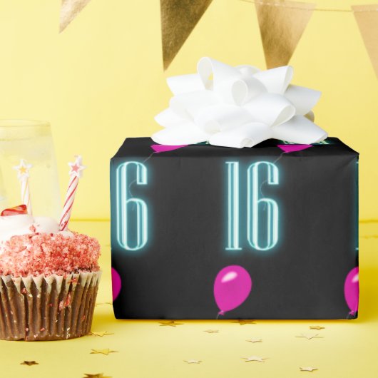 16e verjaardag Neon Sign. with Balloon Cadeaupapier (Verjaardagsfeest)