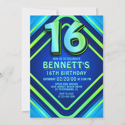 16e verjaardag Neon uitnodiging (Voorkant)