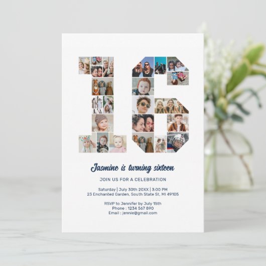 16e verjaardag nummer 16 aangepaste foto collage kaart (Staand voorkant)