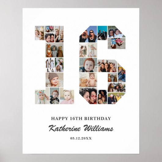 16e verjaardag nummer 16 aangepaste foto collage poster (Voorkant)