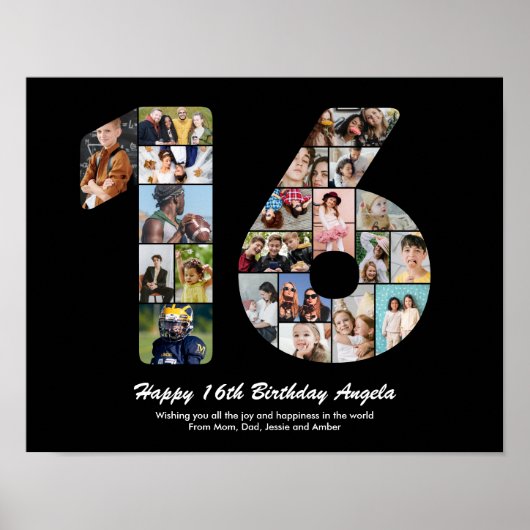 16e verjaardag Nummer 16 Aangepaste foto collage Poster (Voorkant)