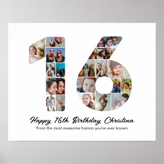 16e Verjaardag Nummer 16 Fotocollage Afbeelding Poster (Voorkant)