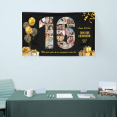 16e verjaardag Nummer 16 Fotocollage Zwart Goud Spandoek (Beurs)