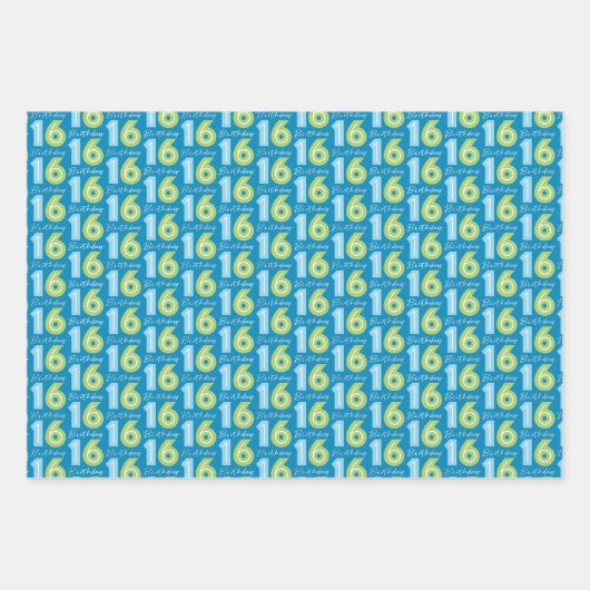 16e verjaardag nummers groen blauw inpakpapier vel (Voorkant 2)